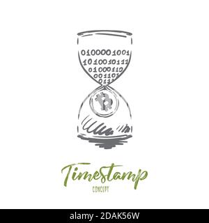 Timestamp, bitcoin, blockchain, currency, digital concept. Hand drawn isolated vector. Stock Vector