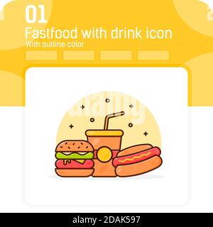 Fast food snacks with soft drink premium icon with outline color style isolated on white background. Vector illustration snack bag sign symbol icon Stock Vector