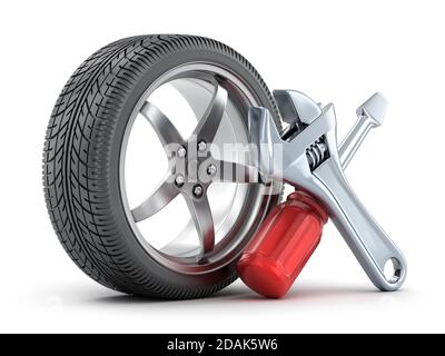 Wheel car and tools on white background. 3d illustration Stock Photo