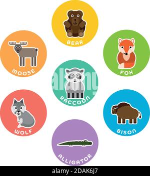 North American wild animals collection. Set of 7 cartoon characters in the circle with name labels. Vector illustration. Stock Vector