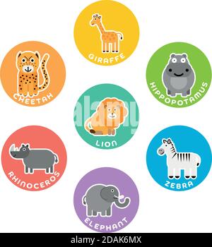 African savanna wild animals collection. Set of 7 cartoon characters in the circle with name labels. Vector illustration. Stock Vector