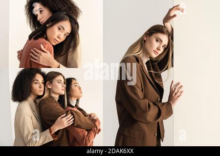 collage of young and stylish interracial models in suits hugging while posing on white Stock Photo