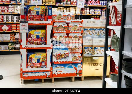 Saint-Laurent-Du-Var, France 12.11.2020 Christmas candy boxes in the hypermarket. New year preparation High quality photo Stock Photo