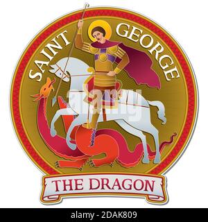 Colorful drawing of Saint George riding a horse and fighting the Dragon, with the words SAINT GEORGE and THE DRAGON. Digital illustration. Stock Photo