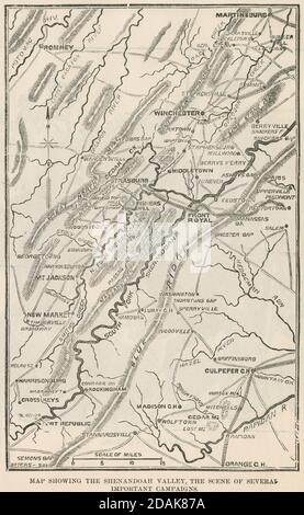 Antique c1870 engraving, map showing the Shenandoah Valley, the scene of several important campaigns. SOURCE: ORIGINAL ENGRAVING Stock Photo