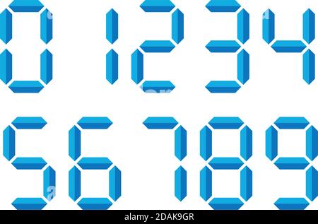 Blue 3D-like digital numbers. Seven-segment display is used in calculators, digital clocks or electronic meters. Vector illustration. Stock Vector