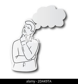 black line hand drawn of young man thinking on speech bubble cut paper with shadow isolated on white background Stock Vector