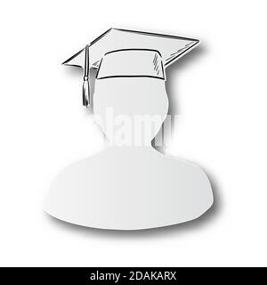 black line hand drawn of graduate cap with tassel on human shape cut paper with shadow isolated on white background. Education concept. Stock Vector