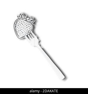 black line hand drawn of Strawberry on fork cut paper with shadow isolated on white background Stock Vector