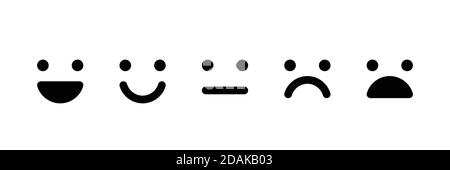 Basic emoticons set. Five facial expression of feedback - from positive to negative. Simple black vector icons. Stock Vector