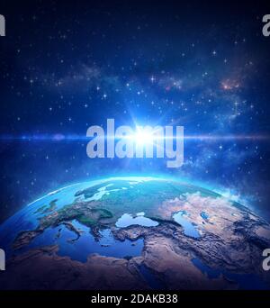 Surface of Planet Earth, space view of the World focused on Europe. The blue light of a comet shining into deep space. 3D illustration - Elements of t Stock Photo