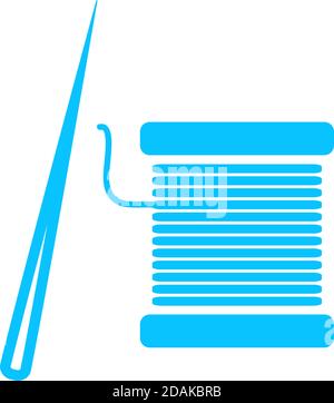Thread spool and needle icon flat. Blue pictogram on white background. Vector illustration symbol Stock Vector