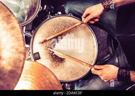 Music festival.Instrument on stage and band.Playing drum and concert concept.Live music background Stock Photo