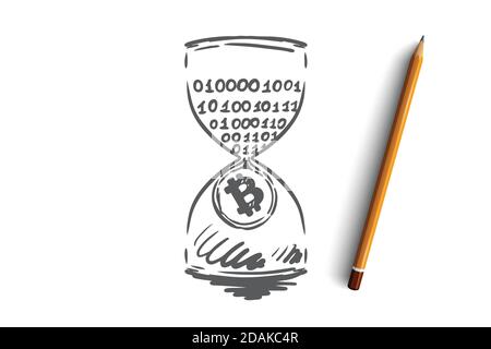 Timestamp, bitcoin, blockchain, currency, digital concept. Hand drawn isolated vector. Stock Vector