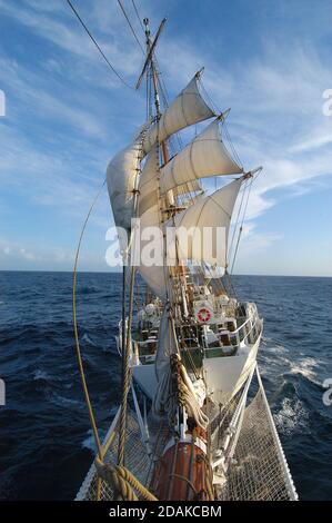 The Prince William ,a square-rigged brig, and used as a training ship by the TSYT, sailing across the Atlantic from the Azores to Dingle in Ireland Stock Photo