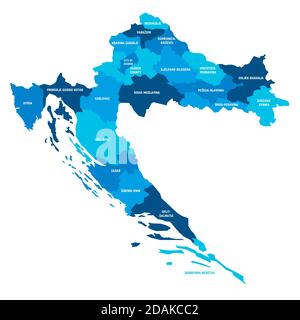 Blue political map of Croatia. Administrative divisions - counties. Simple flat vector map with labels. Stock Vector