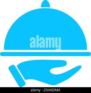 Restaurant cloche in hand the waiter icon flat. Blue pictogram on white background. Vector illustration symbol Stock Vector