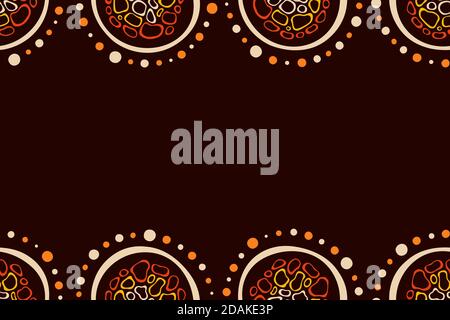 Australian aboriginal seamless horizontal border pattern with circles, crooked stripes, isolated on brown background. Endless stylish texture. Ethnic Stock Vector