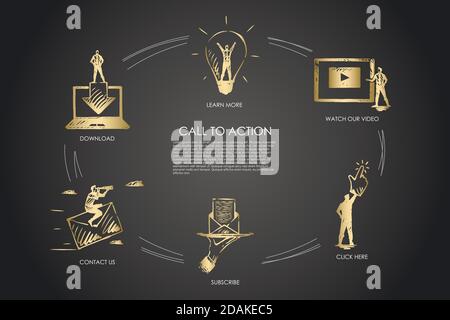 Call to action, learn more, watch our video, click here, subscribe, contact us Stock Vector