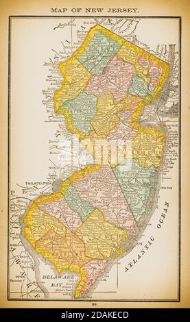 19th century map of New Jersey. Published in New Dollar Atlas of the United States and Dominion of Canada. (Rand McNally & Co's, Chicago, 1884). Stock Photo