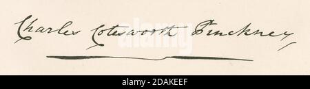 Antique c1860 engraving, facsimile signature of Charles Cotesworth Pinckney. Charles Cotesworth Pinckney (1746-1825) was an early American statesman of South Carolina, Revolutionary War veteran, and delegate to the Constitutional Convention. SOURCE: ORIGINAL ENGRAVING Stock Photo