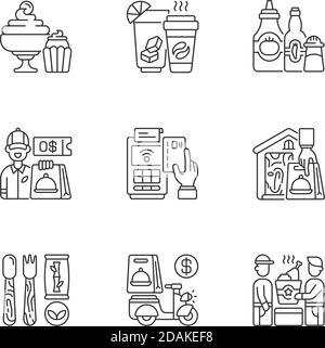 Delivery and takeout linear icons set Stock Vector