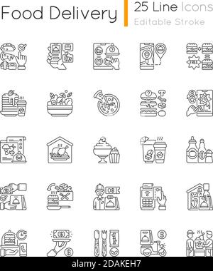 Food delivery linear icons set Stock Vector
