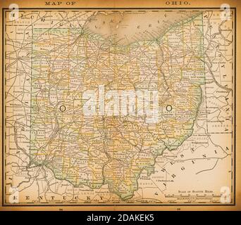 19th century map of Ohio. Published in New Dollar Atlas of the United States and Dominion of Canada. (Rand McNally & Co's, Chicago, 1884). Stock Photo