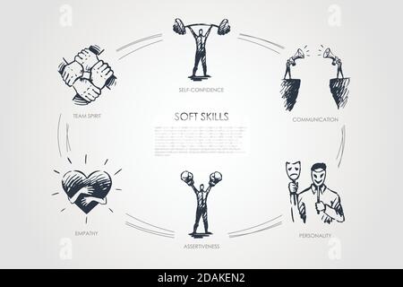 Soft skills, self-confidence, personality, assertiveness, team spirit Stock Vector