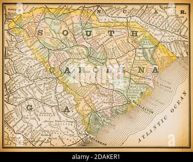 19th century map of South Carolina.Published in New Dollar Atlas of the United States and Dominion of Canada. (Rand McNally & Co's, Chicago, 1884). Stock Photo