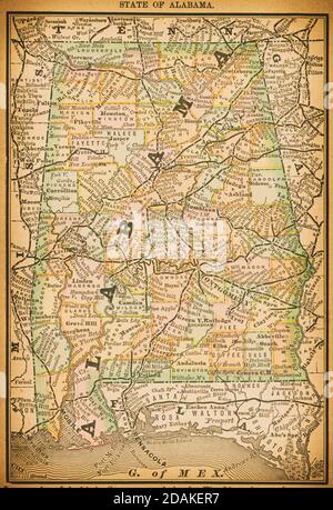 19th century map of State of Alabama. Published in New Dollar Atlas of the United States and Dominion of Canada. (Rand McNally & Co's, Chicago, 1884). Stock Photo