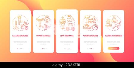 Exercises red onboarding mobile app page screen with concepts Stock Vector