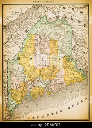 19th century map of State of Maine. Published in New Dollar Atlas of the United States and Dominion of Canada. (Rand McNally & Co's, Chicago, 1884). Stock Photo