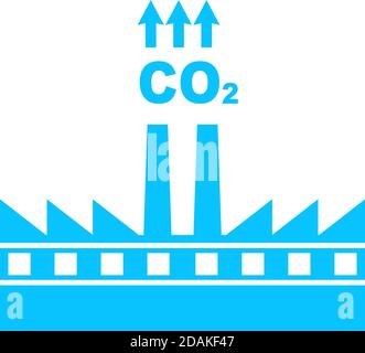 Factory with chimney polluting CO2 cloud smoke icon flat. Blue pictogram on white background. Vector illustration symbol Stock Vector