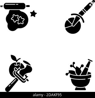 Kitchen utensils black glyph icons set on white space Stock Vector