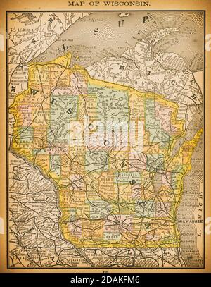 19th century map of Wisconsin. Published in New Dollar Atlas of the United States and Dominion of Canada. (Rand McNally & Co's, Chicago, 1884). Stock Photo