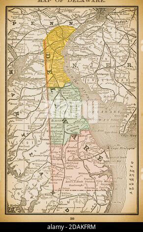 19th century map of Delaware.Published in New Dollar Atlas of the United States and Dominion of Canada. (Rand McNally & Co's, Chicago, 1884). Stock Photo