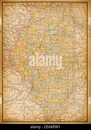 19th century map of Illinois. Published in New Dollar Atlas of the United States and Dominion of Canada. (Rand McNally & Co's, Chicago, 1884). Stock Photo