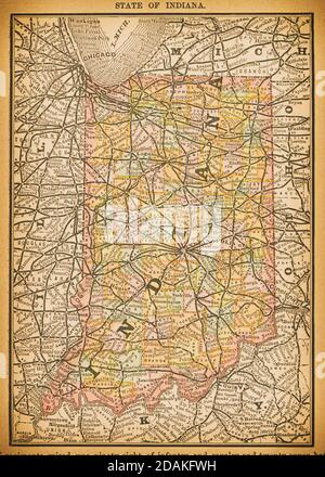 19th century map of Indiana. Published in New Dollar Atlas of the United States and Dominion of Canada. (Rand McNally & Co's, Chicago, 1884). Stock Photo