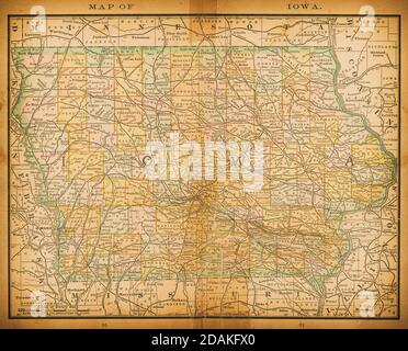 19th century map of Iowa. Published in New Dollar Atlas of the United States and Dominion of Canada. (Rand McNally & Co's, Chicago, 1884). Stock Photo