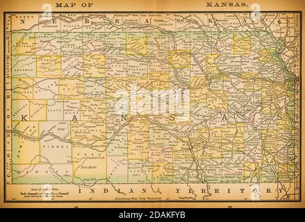 19th century map of Kansas. Published in New Dollar Atlas of the United States and Dominion of Canada. (Rand McNally & Co's, Chicago, 1884). Stock Photo