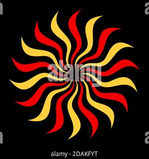 Abstract sun symbol, isolated on black background. Circulargeometric rays, flame, burst. Geometric elements. Logo, sign. Vector color illustration. Stock Vector