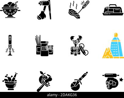 Kitchen tools black glyph icons set on white space Stock Vector
