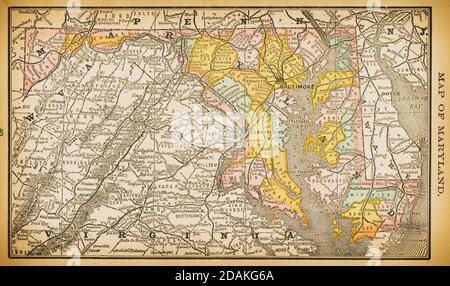 19th century map of Maryland.Published in New Dollar Atlas of the United States and Dominion of Canada. (Rand McNally & Co's, Chicago, 1884). Stock Photo