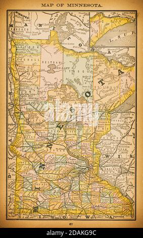 19th century map of Minnesota. Published in New Dollar Atlas of the United States and Dominion of Canada. (Rand McNally & Co's, Chicago, 1884). Stock Photo