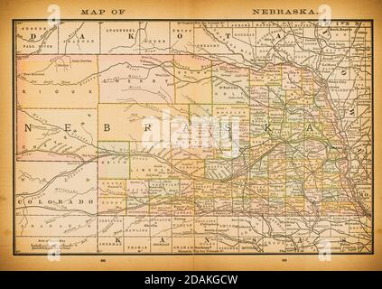 19th century map of Nebraska. Published in New Dollar Atlas of the United States and Dominion of Canada. (Rand McNally & Co's, Chicago, 1884). Stock Photo