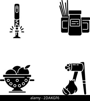 Food preparation tools black glyph icons set on white space Stock Vector