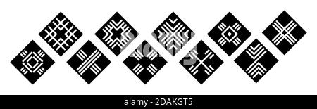 Set of rhombuses with different ornaments. Geometric tiles, isolated on white background. Rhombuses icons, signs. Vector monochrome illustration. Stock Vector