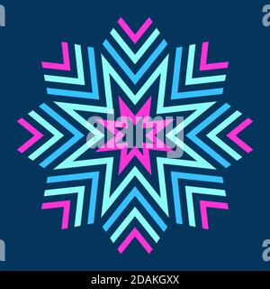 Abstract colorful symmetric symbol isolated on dark background. Stylized flower with striped petals. Logo. Design element. Star, snowflake. Stock Vector