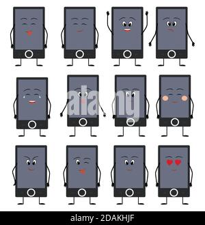 Ebook reader or digital tablet cartoon character isolated on white. Gadget with different emotions vector illustration Stock Vector